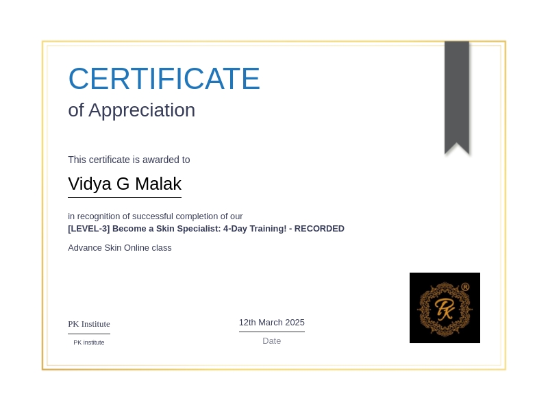 Certificate for Skin Specialist Training